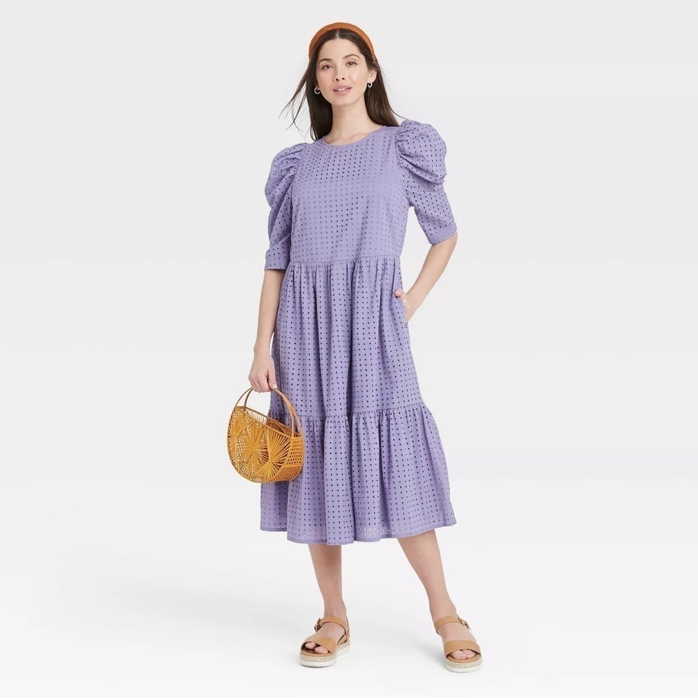 A New Day Purple Elbow Sleeve Eyelet Midi Dress sz XS